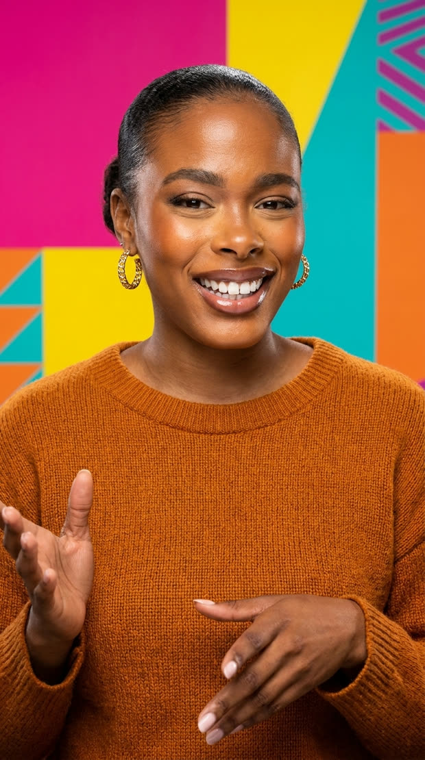 The presenter on a bright commercial advertising set