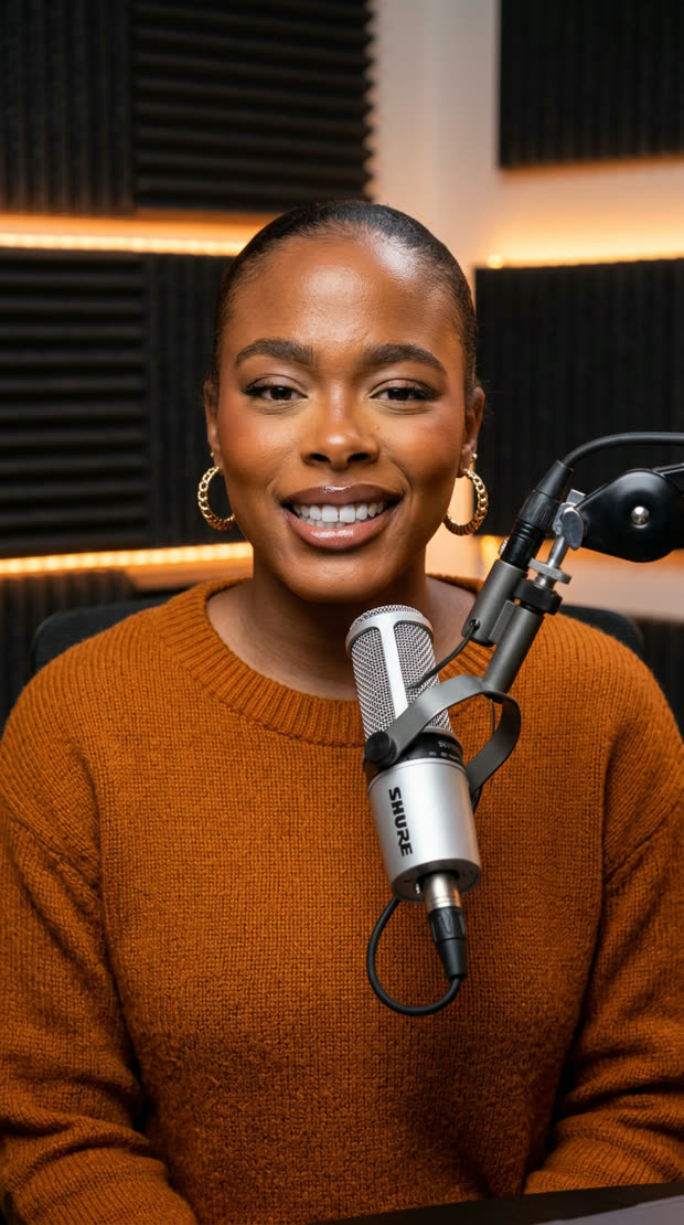 The presenter in a podcast studio at a boom microphone