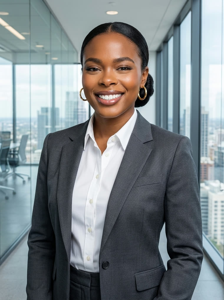 The same person in a business suit in a glass office